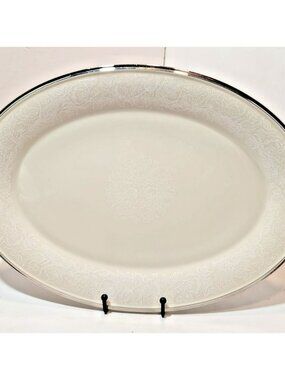 Vtg Lenox Moonspun Oval Serving Platter 16" by 12" White Flowers Rim & Center